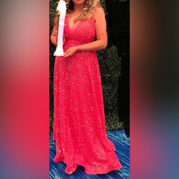 Long Pink Iridescent Sequin Dress V neck - Picture 6 of 6